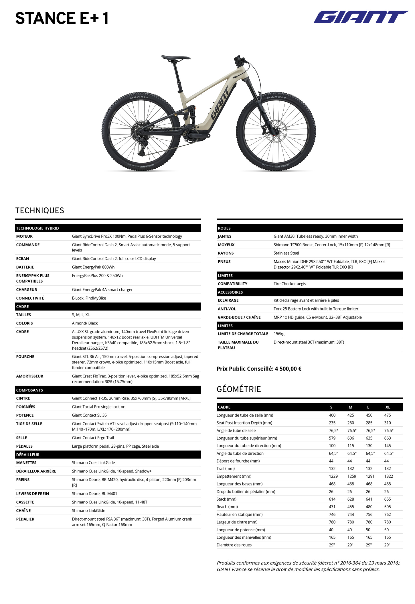 Fiche technique du velo électrique Stance E+ 1 année 2027